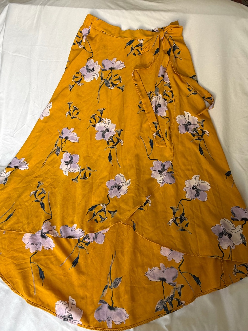 Le Lis Golda Faux Wrap Midi Skirt Mustard Yellow Floral High Low Side Zip